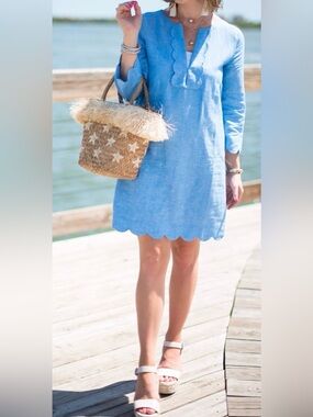 J. Crew Dress Linen Blue Chambray Scallop Hem 3/4Sleeve Women, Sz S